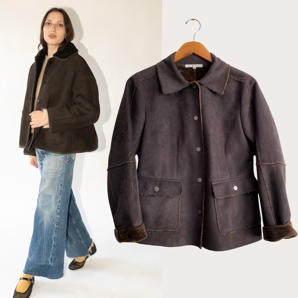 Cabi Chocolate Brown Faux Fur Suede Coat Jacket Square Patchwork Relaxed Fit M
